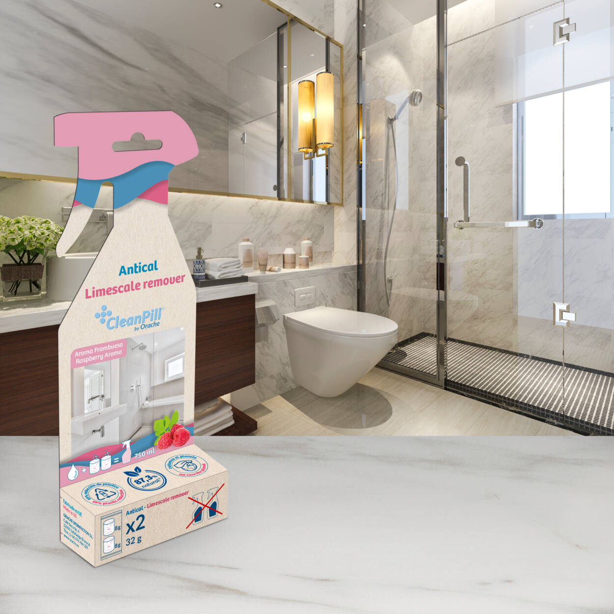 Antical CleanPill® con pulverizador reutilizable para limpiar grifos, mamparas y superficies del baño