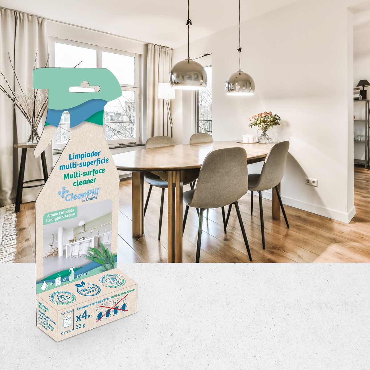 Limpiador multisuperficies CleanPill® en cocina con pulverizador reutilizable y pastillas refill