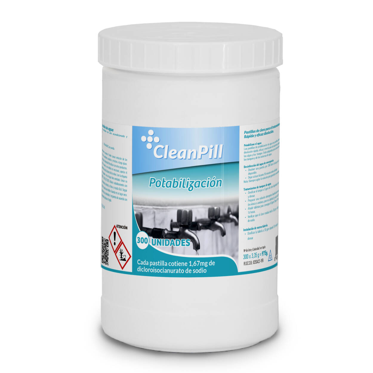 Pastillas Potabilización Cleanpill, agua consumo humano (Bote de 300 pastillas de 3,35 gr)