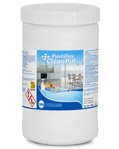 Bote de 300 pastillas desinfectantes CleanPill de 1 kg, formato profesional equivalente a 37 litros de lejía